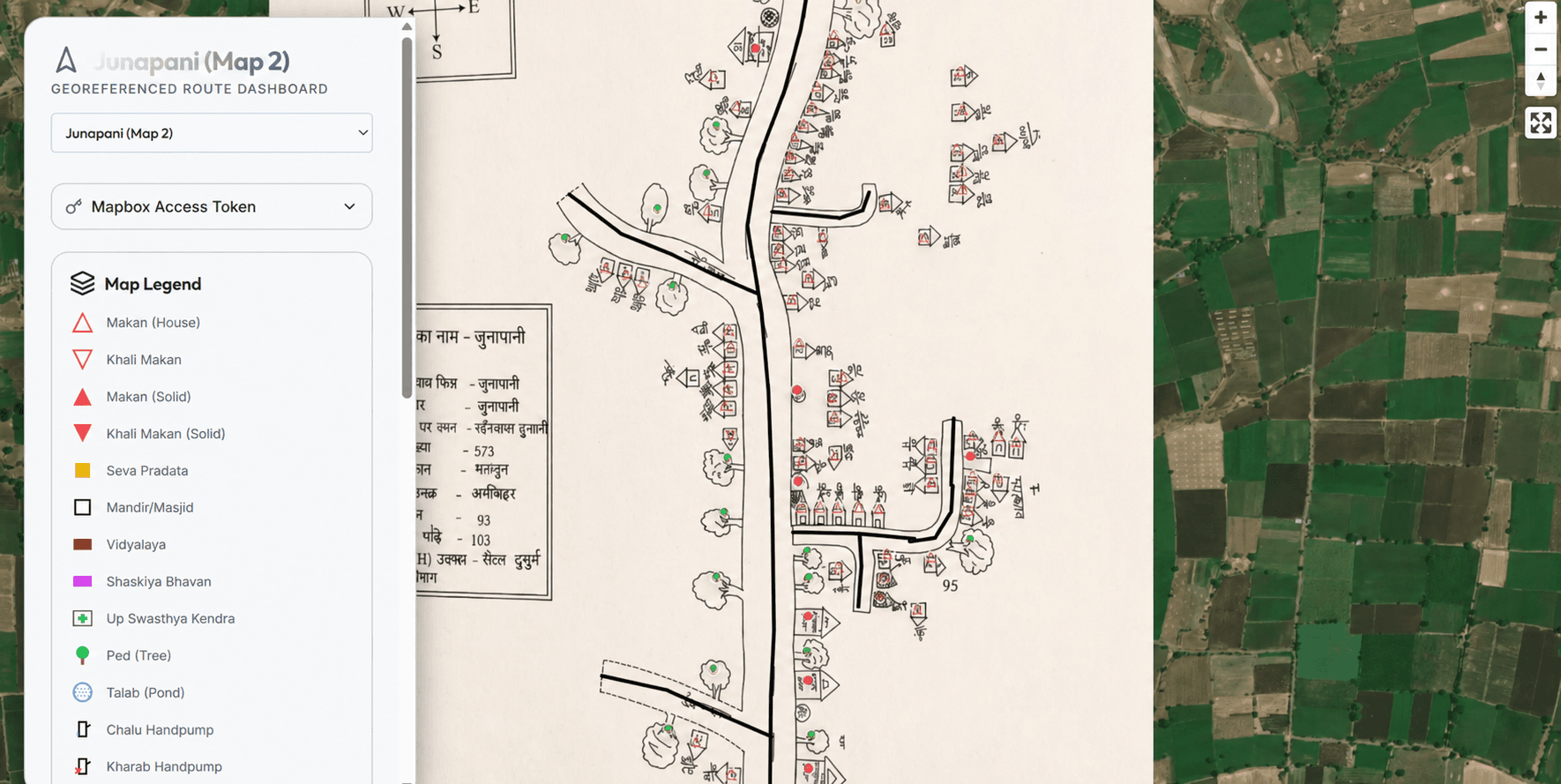 Junapani Map 2 georeferenced route dashboard with map legend and digitized village features
